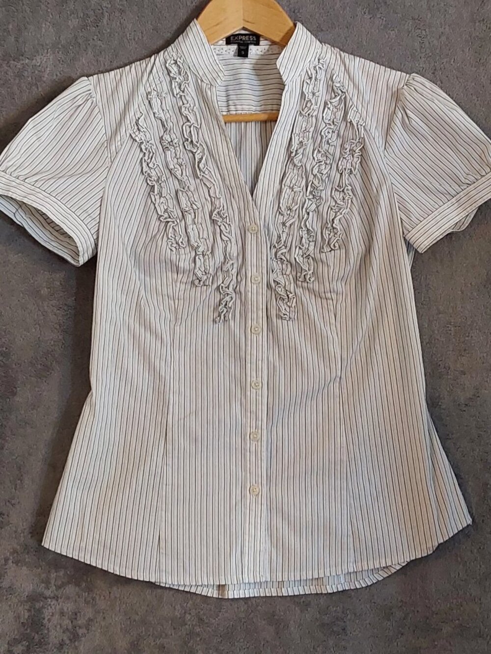Express Essential Stretch Juniors S Striped Ruffle Button Front Blouse Top
